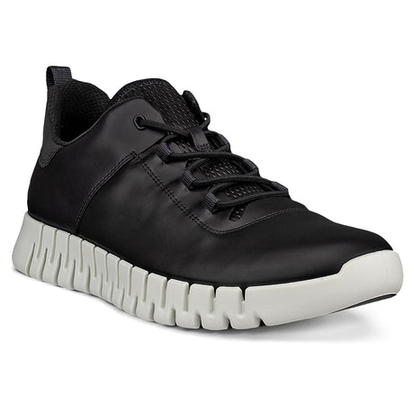 Men’s modern low-top leather sneaker in black with reflective detailing, elastic laces, and a segmented rubber sole designed for flexible movement and all-day walking comfort. 
Style #52520401