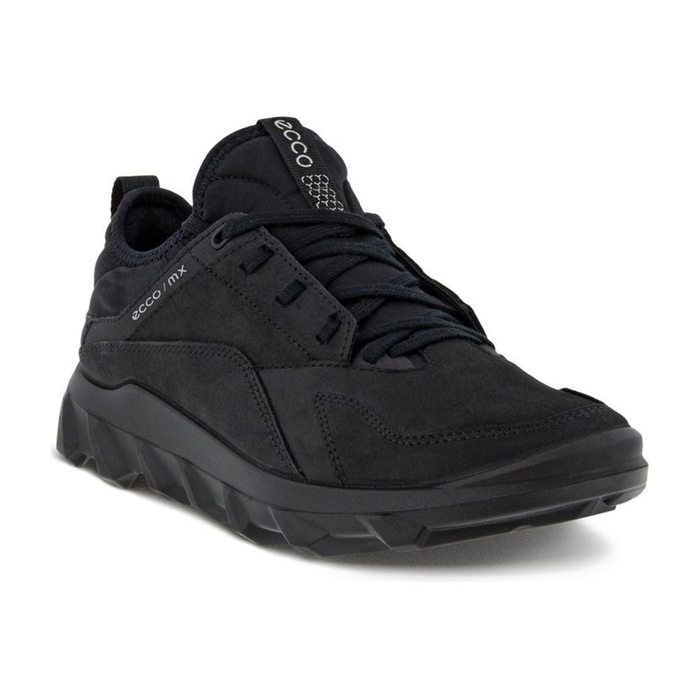 Women’s outdoor sneaker in soft black nubuck with stretchy sock-style collar, textured welt overlays, and a rugged deep-tread rubber sole for trail-ready grip. Style #82018301