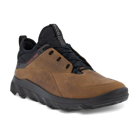 Men’s trail-style sneaker in black nubuck with stretch sock collar, textured leather overlays, and a thick motocross-inspired treaded sole for versatile terrain use. Style #82018402