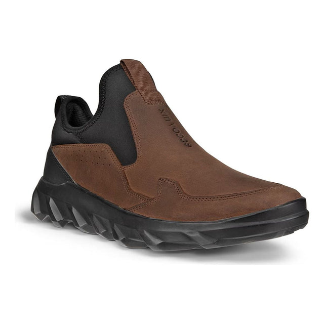 Men’s brown nubuck leather slip-on sneaker with a black stretch collar, rugged treaded outsole, and reflective heel tab, blending city style and trail-ready grip. Stye #82029422