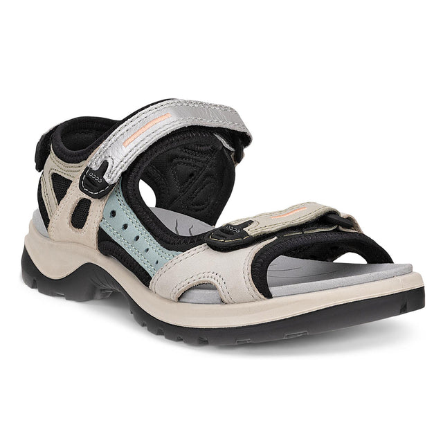 Women’s open-toe ECCO Offroad sandal in Multicolour Sage beige leather with three adjustable straps, rugged tread outsole, and soft neoprene lining for comfort and grip. Style #82208308