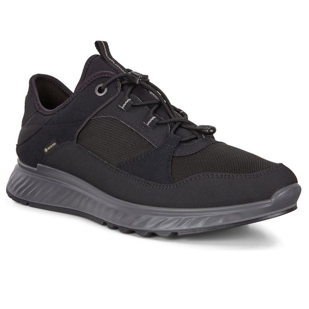 All-black men's athletic sneaker with GORE-TEX logo, bungee laces, and a thick grey textured midsole. Style #8353340001