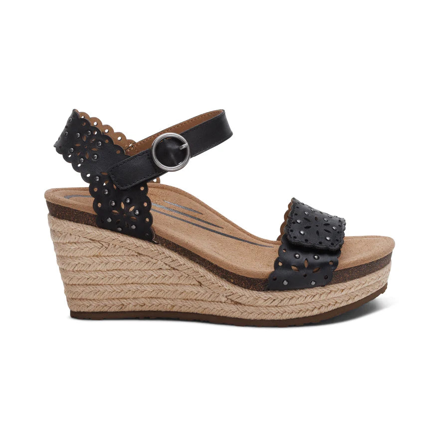 Aetrex Sydney Women's Quarter Strap Espadrille Wedge – Black