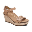 Espadrille wedge sandal in soft sand-coloured leather with cutout design, 3" cork and jute-wrapped platform heel, and adjustable hook and loop ankle strap. Includes built-in orthotic arch support for stylish comfort.
