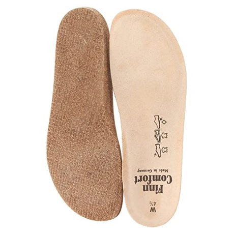 Unisex tan cork-latex replacement insoles with natural suede lining and orthopedic contours. Style #8543.