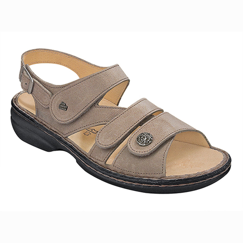 Gomera Sandal in Taupe with Three adjustable Velcro straps and buckle backstrap for personalized fit and a removable insole for custom orthotic