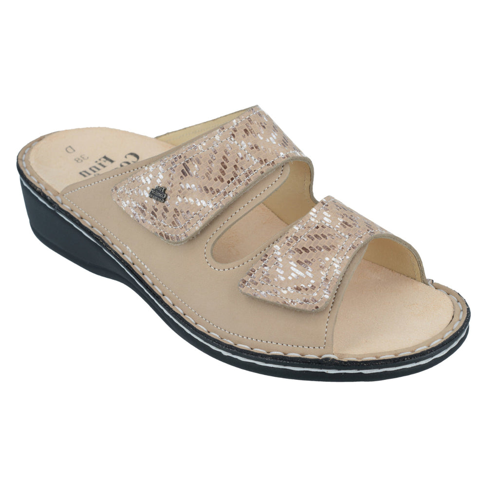 Sesame beige leather sandal with two adjustable straps, soft removable orthopedic footbed, and cushioned polyurethane sole for breathable, all-day support.  Style #2519902422