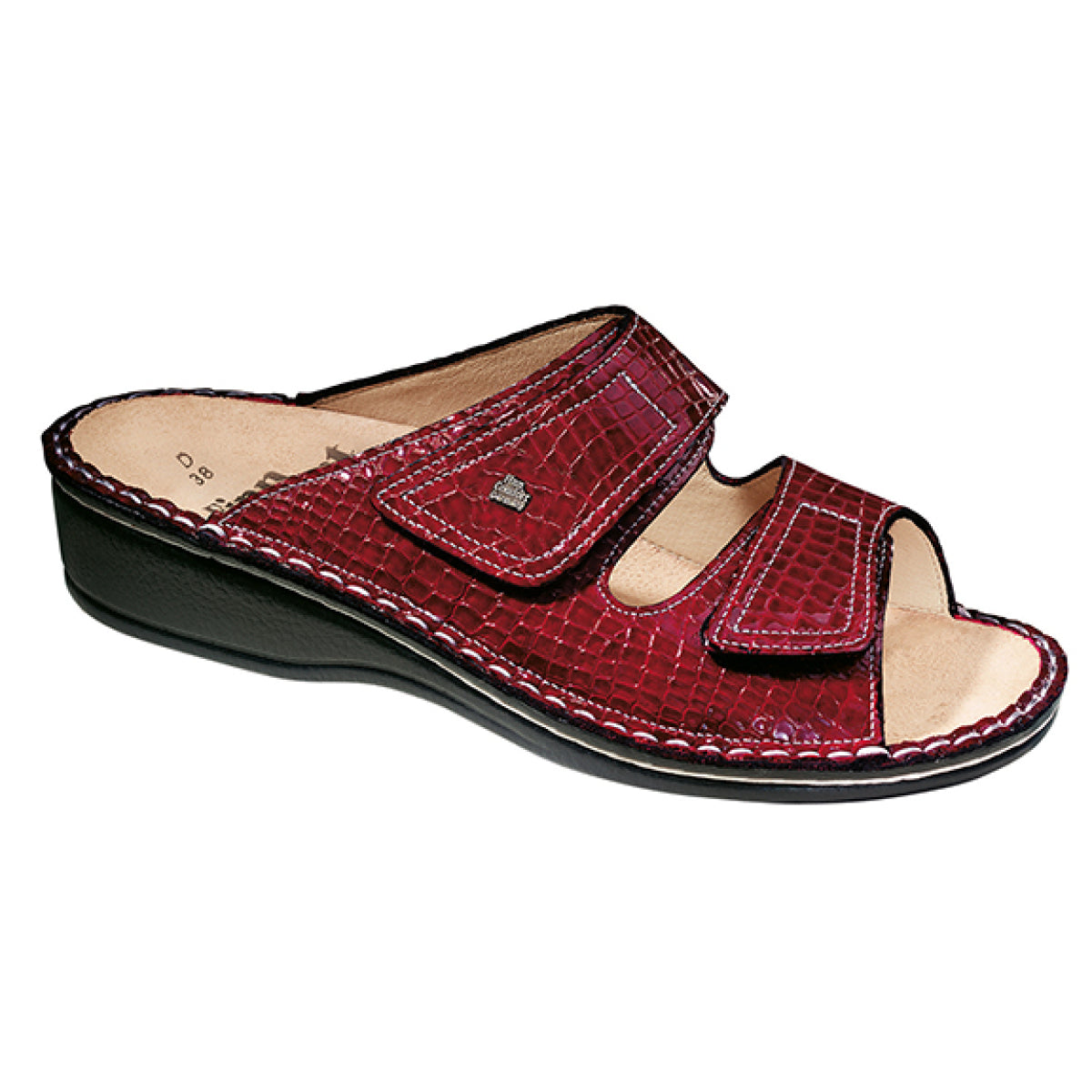 Red croc-embossed leather sandal with two adjustable straps, removable soft orthopedic footbed, and cushioned polyurethane sole for supportive, stylish comfort.  Style #2519018063