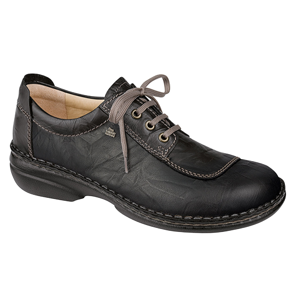 Black leather lace-up shoe with hand-stitched seams, removable cork footbed, and cushioned polyurethane sole designed for wide feet and everyday orthopedic comfort.  Style #2056211099
