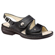 Black nubuck leather sandal with two Velcro straps and a buckle backstrap, featuring a removable cork footbed and cushioned polyurethane sole for orthopedic comfort. Style #2560014099
