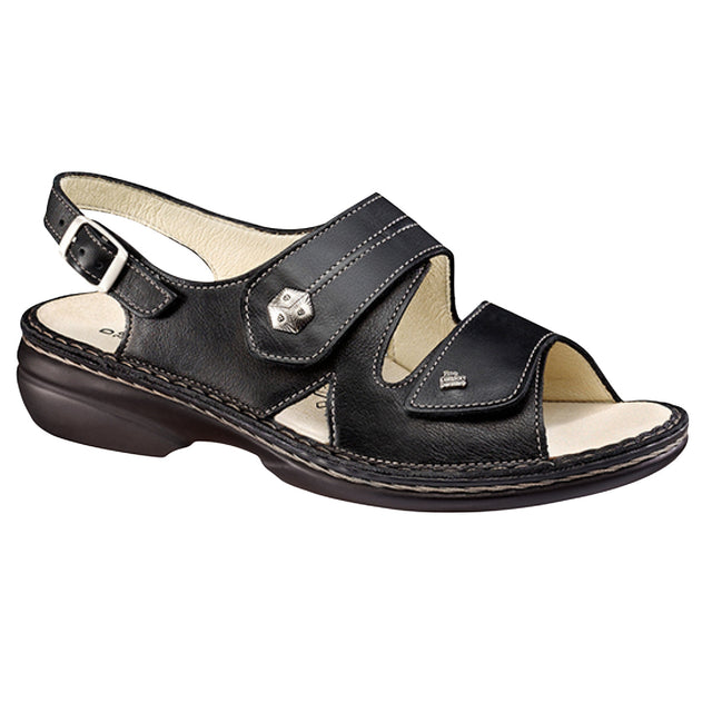 Black nubuck leather sandal with two Velcro straps and a buckle backstrap, featuring a removable cork footbed and cushioned polyurethane sole for orthopedic comfort. Style #2560014099