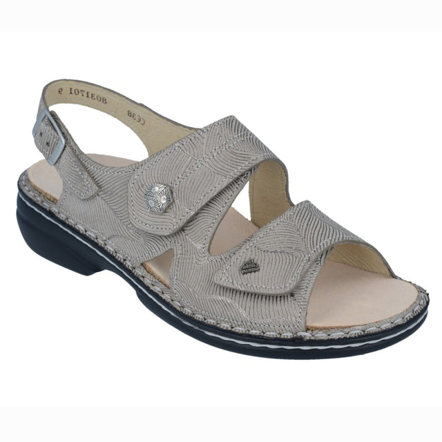 Beige nubuck leather sandal with two Velcro straps and a buckle backstrap, featuring a removable cork footbed and cushioned sole for all-day orthopedic support. Style #2560642051