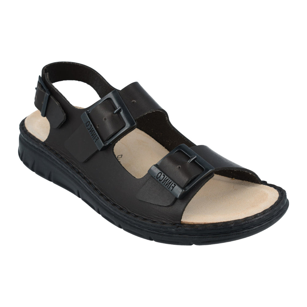 Brown leather sandal with two buckle straps and an adjustable heel strap, featuring a removable cork footbed and cushioned sole for all-day orthopedic comfort. Style #8154971165