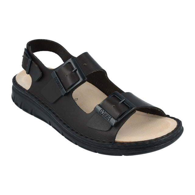 Brown leather sandal with two buckle straps and an adjustable heel strap, featuring a removable cork footbed and cushioned sole for all-day orthopedic comfort. Style #8154971165