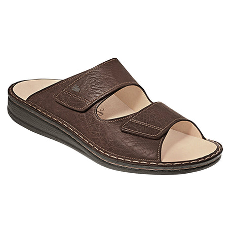 Brown leather slip-on sandal with two adjustable straps, removable anatomically shaped cork footbed, and cushioned polyurethane sole for sporty orthopedic support. Style #1505368024