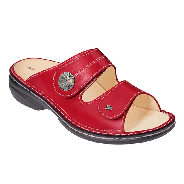Red leather sandal with two Velcro straps, removable anatomically shaped cork footbed, and cushioned polyurethane sole for stylish, breathable orthopedic comfort., Style #2550423147