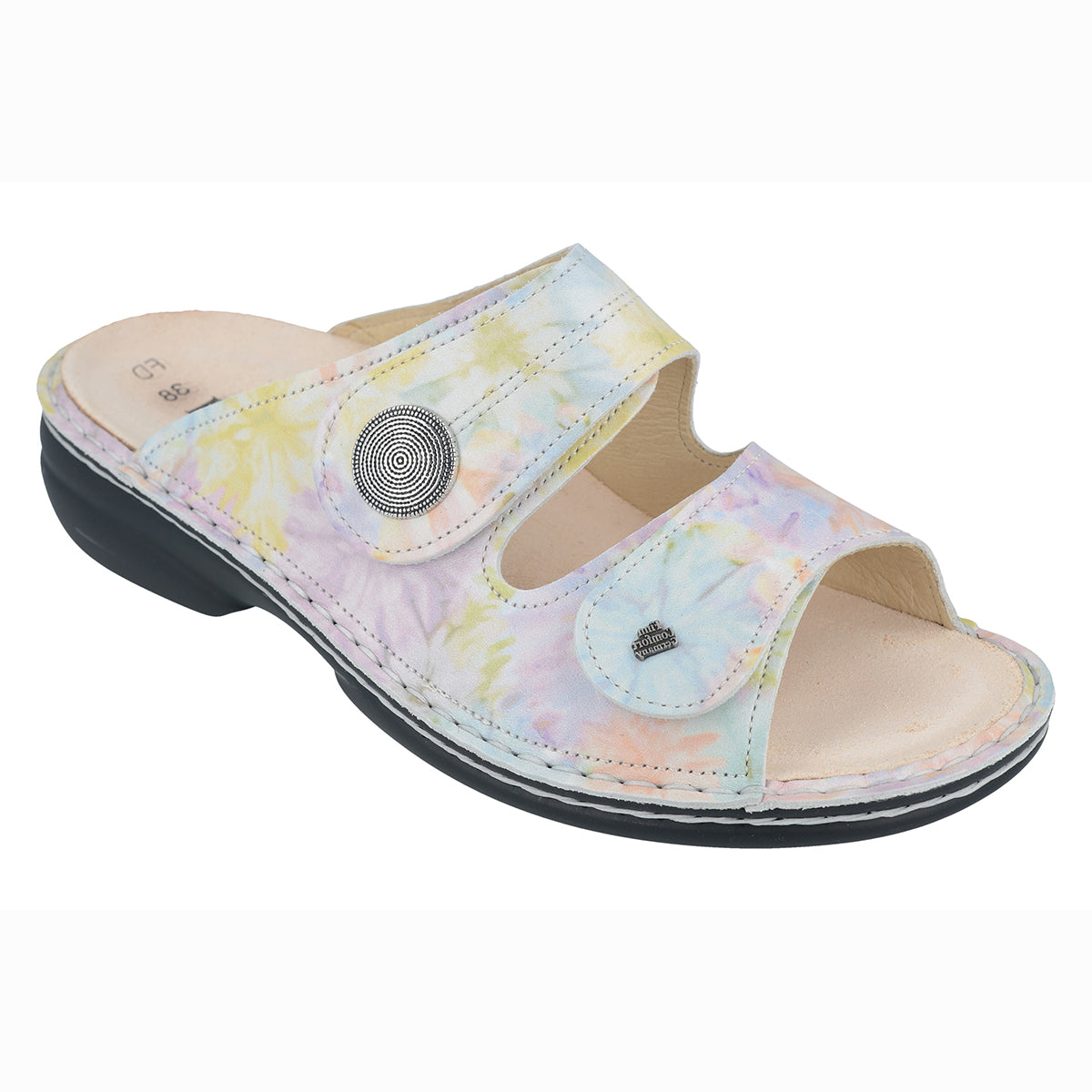 Blush pink leather sandal with two adjustable Velcro straps, removable anatomical cork footbed, and cushioned polyurethane sole for breathable orthopedic support. Style #2550791400