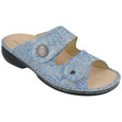Women's blue textured leather slide sandal with two adjustable straps, a silver button detail, and a black sole. Style #2550840214