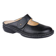 Black leather mule with adjustable Velcro strap, removable firm-support footbed, and low-profile heel for structured, breathable orthopedic comfort. Style #2552012099