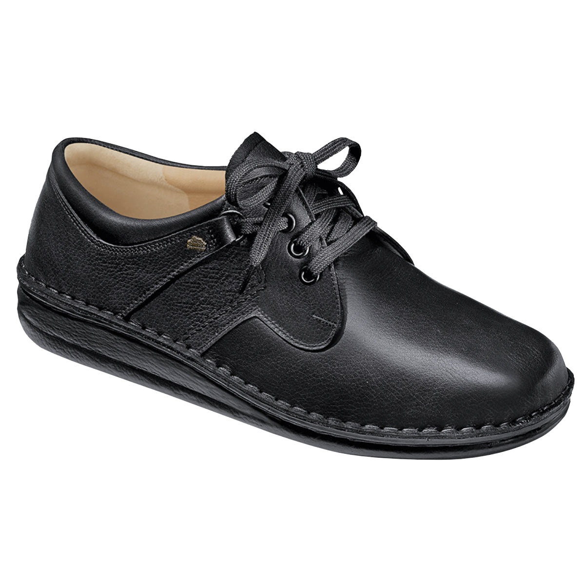 Black leather sandal with anatomical reflexology footbed, ventilation channels, and reinforced heel counter for supportive, breathable, orthotic-friendly wear.  Style #96100-799
