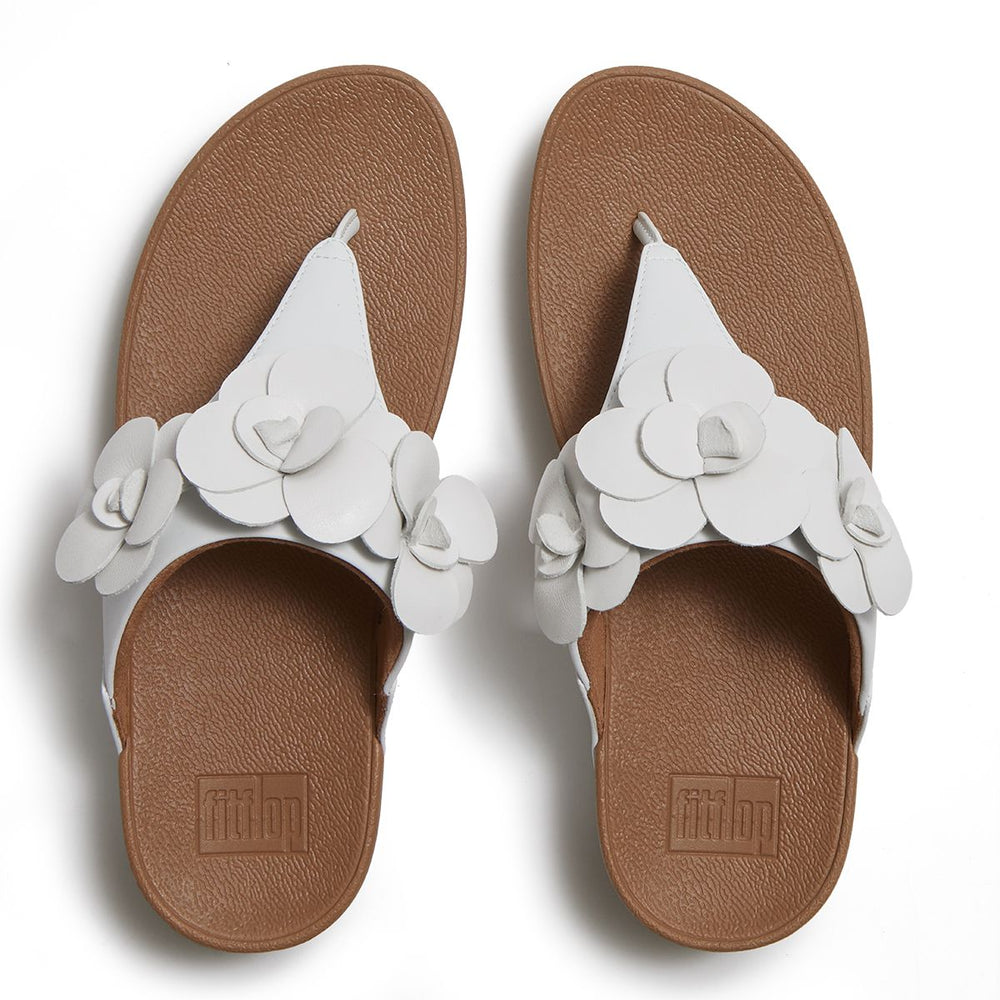 FitFlop Lulu Women's Flower Leather Toe-Post Sandals – White