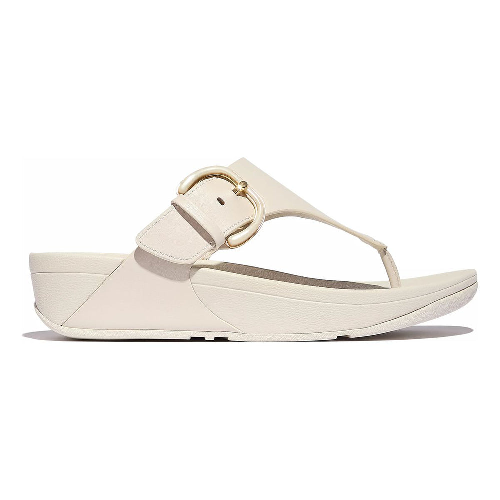 Women’s FitFlop Lulu leather toe-post sandal in black with antique-gold adjustable buckle, soft padded upper, and slip-resistant sole.

Style #JE9-A99