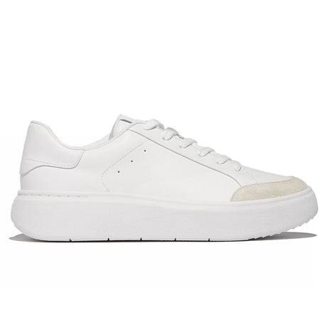 Women’s white leather court sneaker with a cream suede toe cap, white laces, and a thick white flatform sole. Style #E4R-194.