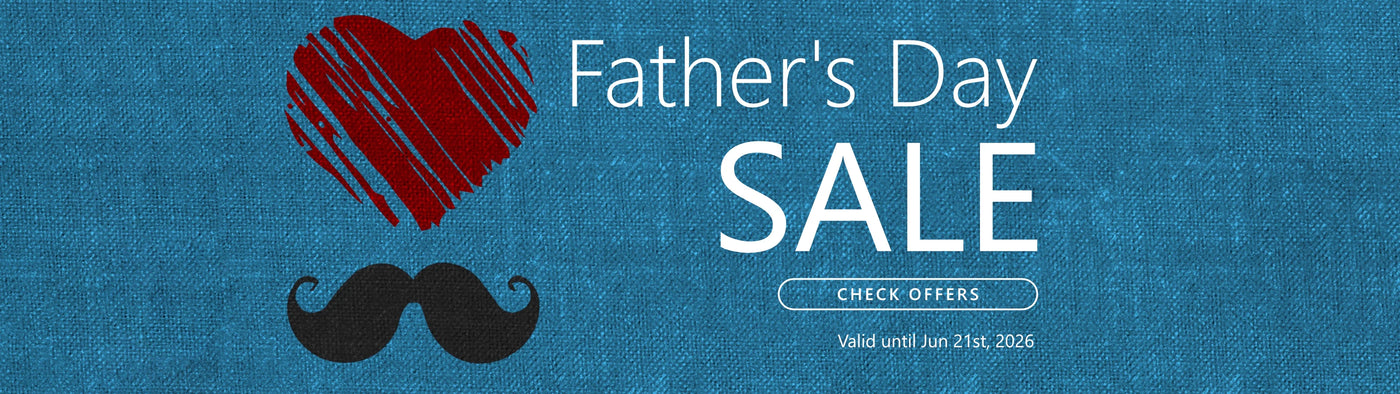 Father's Day sale banner with heart and mustache graphics on a blue background