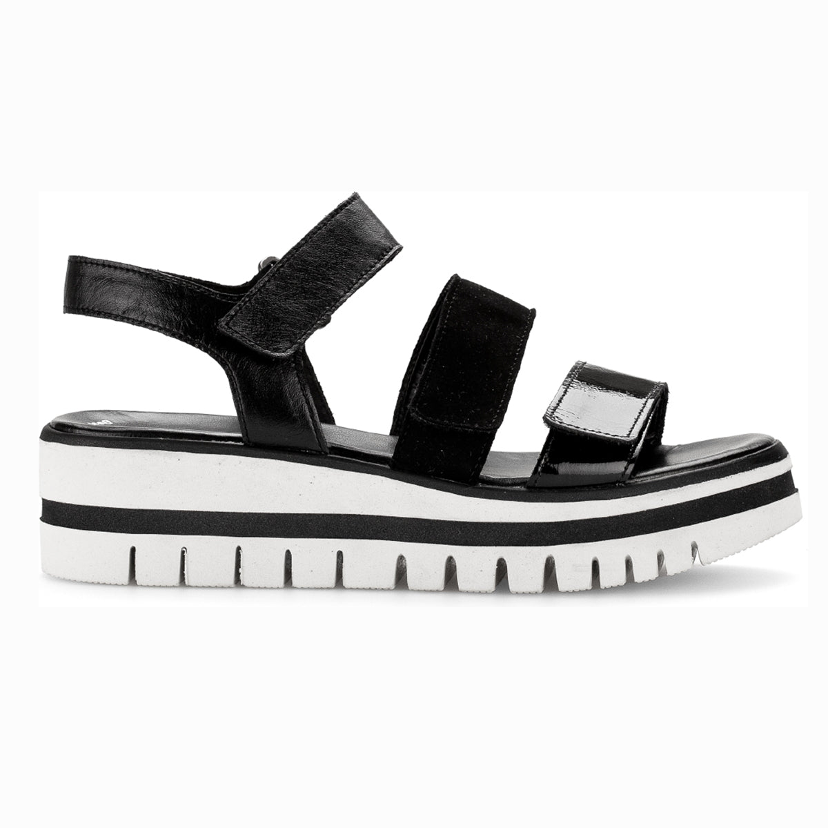 Gabor 44.620 15mm Wedge Sandals in Black Leather, Patent and suede straps. 