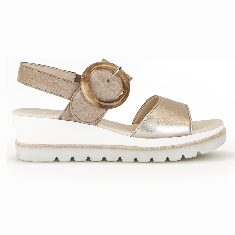 Gabor 645.62 Wedge Sandals in Pewter at Walking On A Cloud. Soft suede, cushioned comfort, and elegant style for all-day wear.
