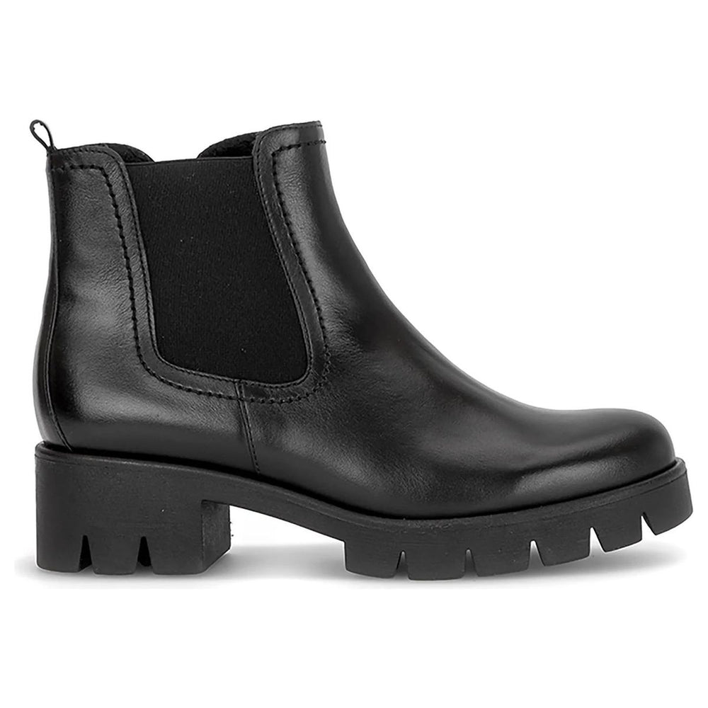 Gabor black leather Chelsea boot featuring elastic side gore, pull loop, side zip, and chunky lug sole. Style #8018.01