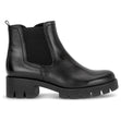Gabor black leather Chelsea boot featuring elastic side gore, pull loop, side zip, and chunky lug sole. Style #8018.01
