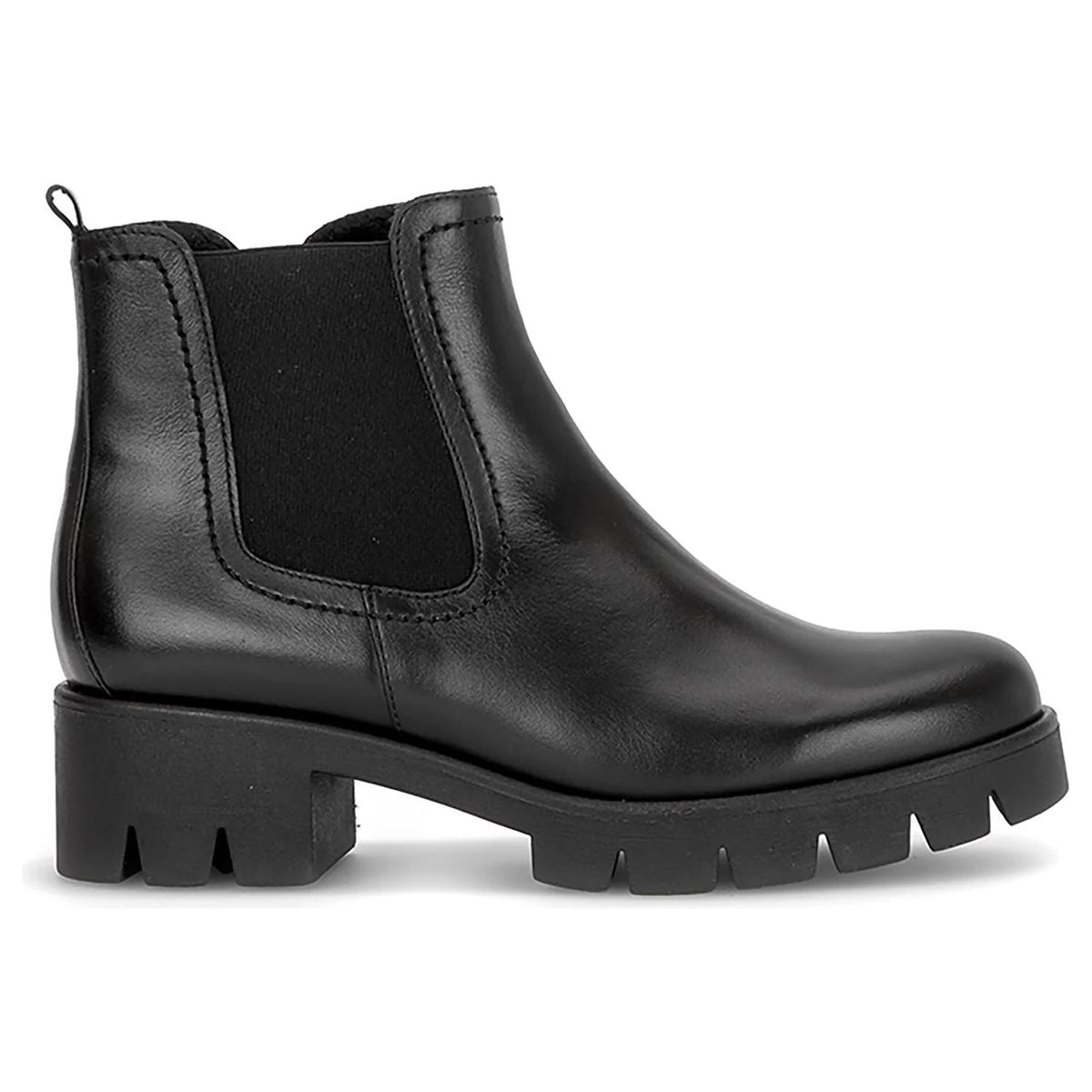 Gabor black leather Chelsea boot featuring elastic side gore, pull loop, side zip, and chunky lug sole. Style #8018.01
