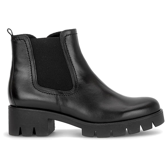 Gabor black leather Chelsea boot featuring elastic side gore, pull loop, side zip, and chunky lug sole. Style #8018.01