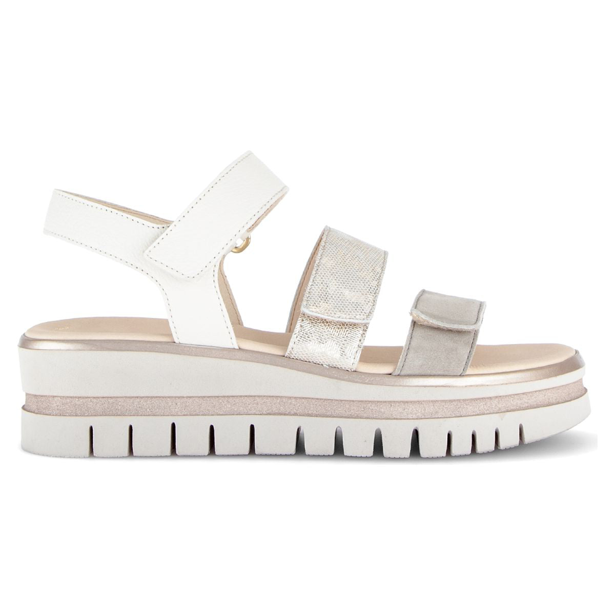 Women’s grey and silver platform sandal with adjustable velcro straps, metallic accents, and a thick white lug sole. Style #84.620.69