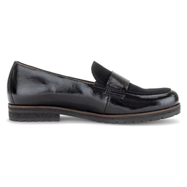 Black patent leather loafer featuring a black suede upper panel, penny strap, and low lugged sole. Style #042.37 G