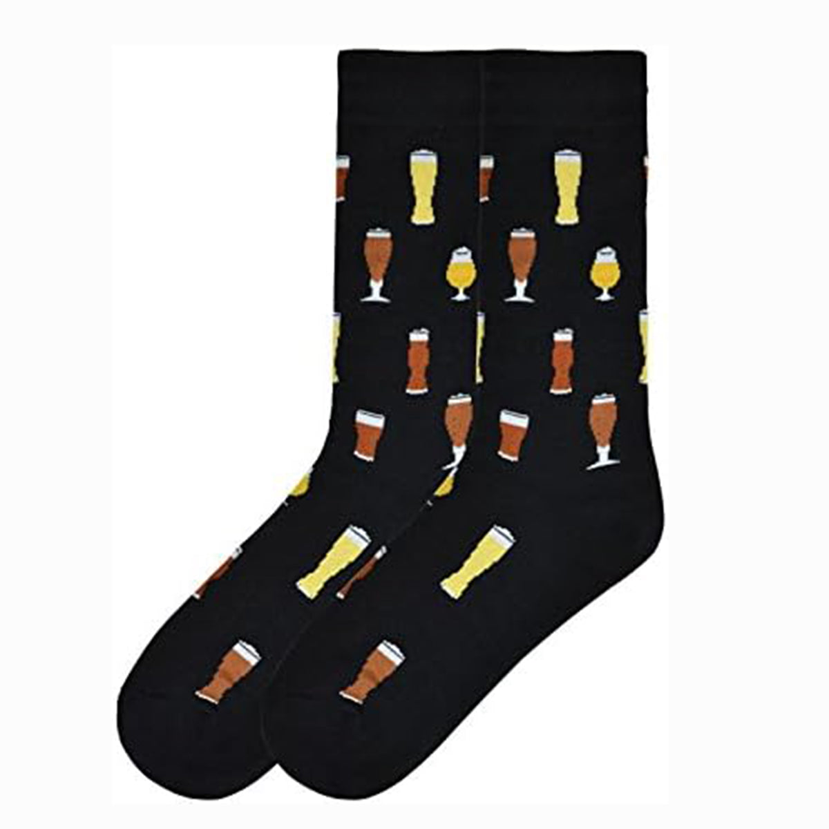 Pair of black Hot Sox men's crew socks with a repeating pattern of various beer glasses, Style #HM100748.