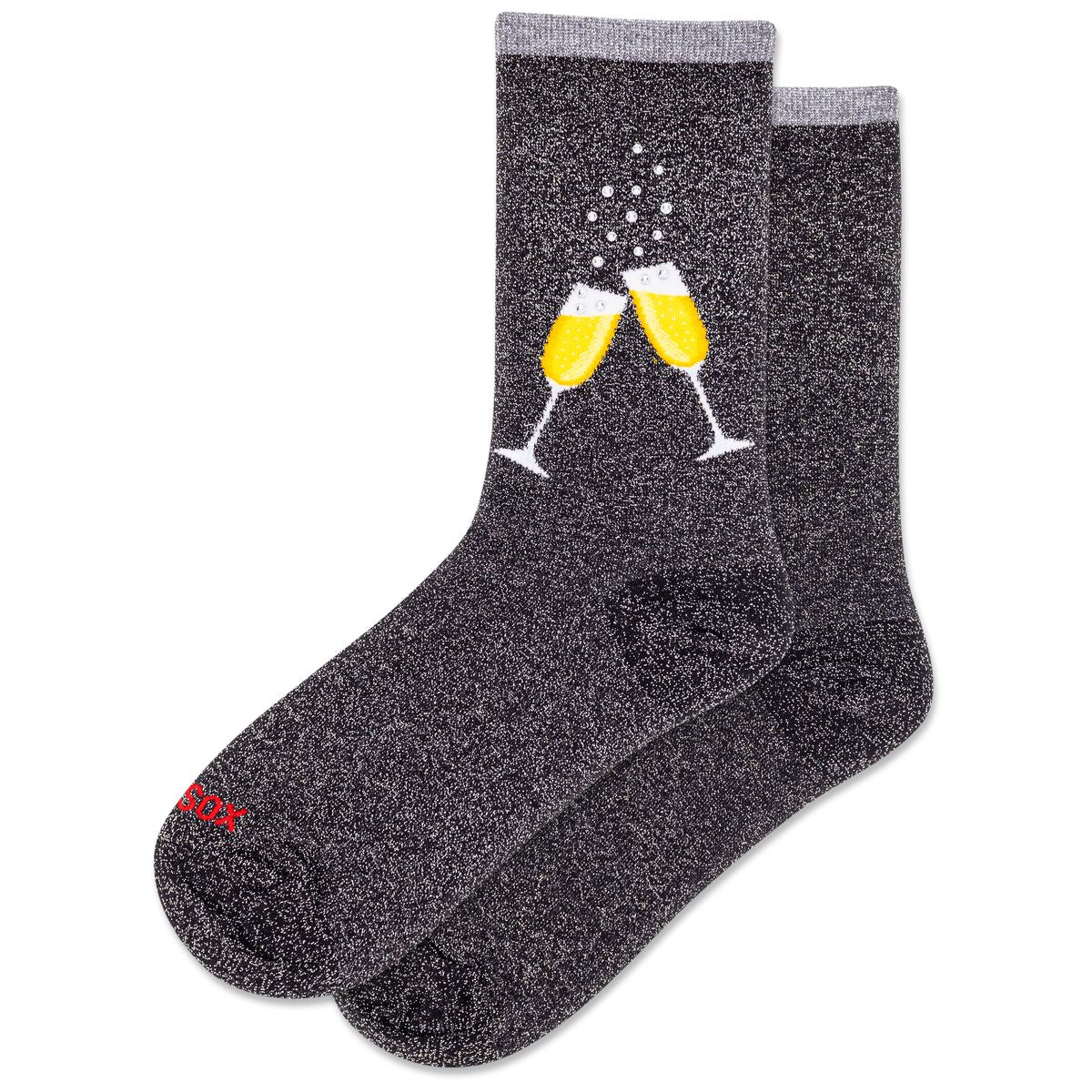 Women's black glittery socks featuring clinking yellow champagne glasses and bubbles. Style #HOH00292.