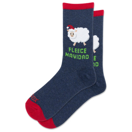 Hotsox blue women's socks with red trim, a sheep wearing a Santa hat, and green FLEECE NAVIDAD text. Style #HOH00302