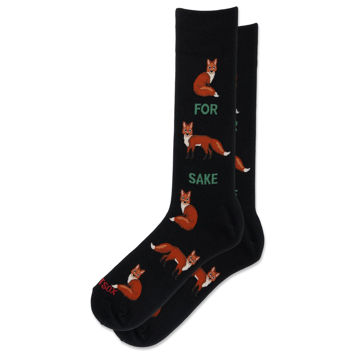 Hotsox black men's socks featuring red fox graphics and green text reading FOR FOX SAKE. Style #HSM10447