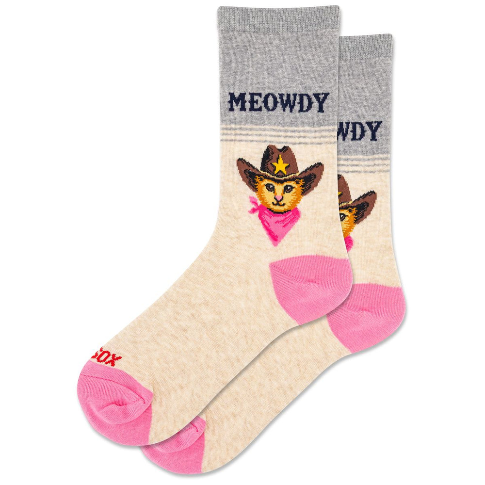 Women’s beige crew socks image_3996fe.jpg with grey cuffs, pink heels, and a cat wearing a cowboy hat under text. Style #HSW10520.