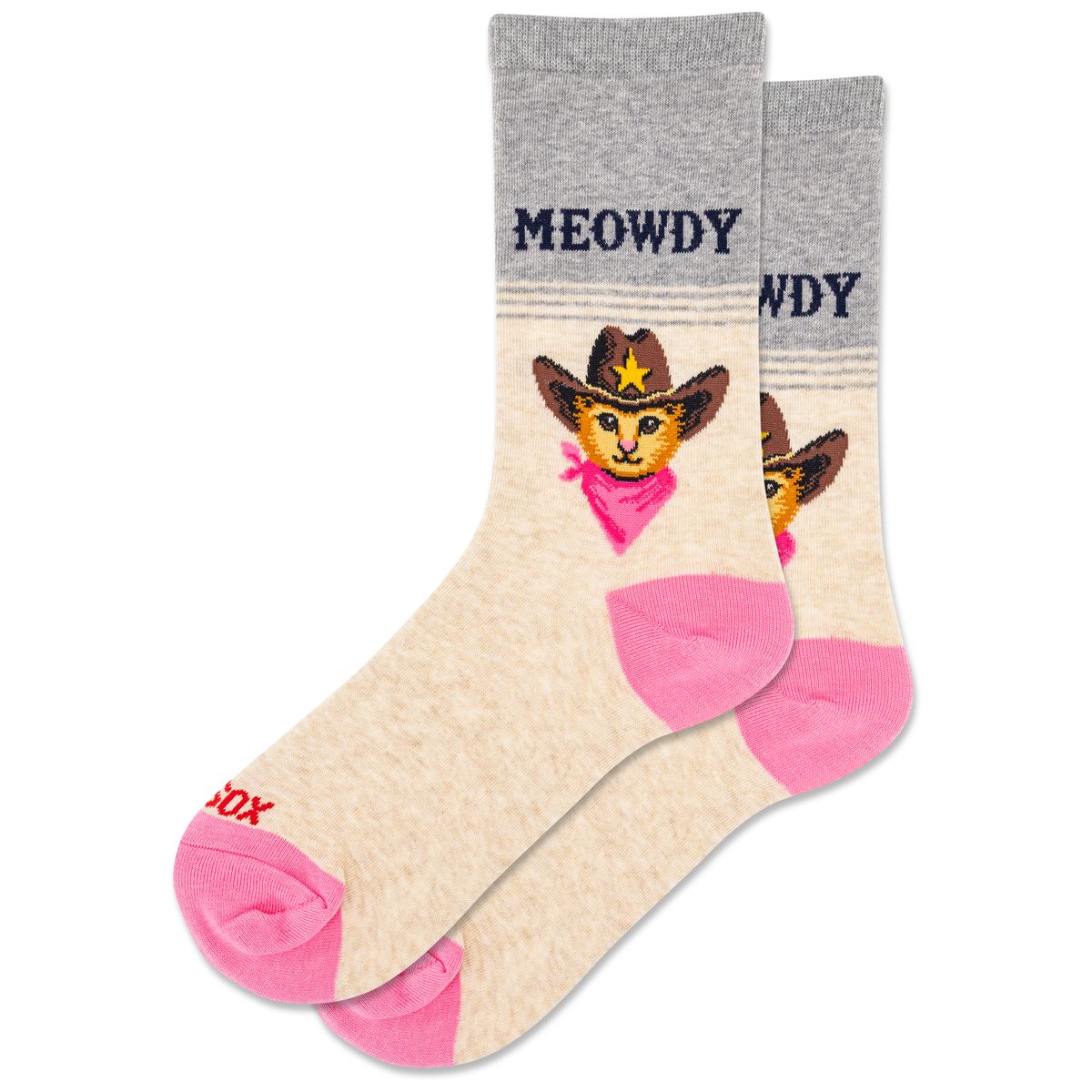 Women’s beige crew socks image_3996fe.jpg with grey cuffs, pink heels, and a cat wearing a cowboy hat under text. Style #HSW10520.
