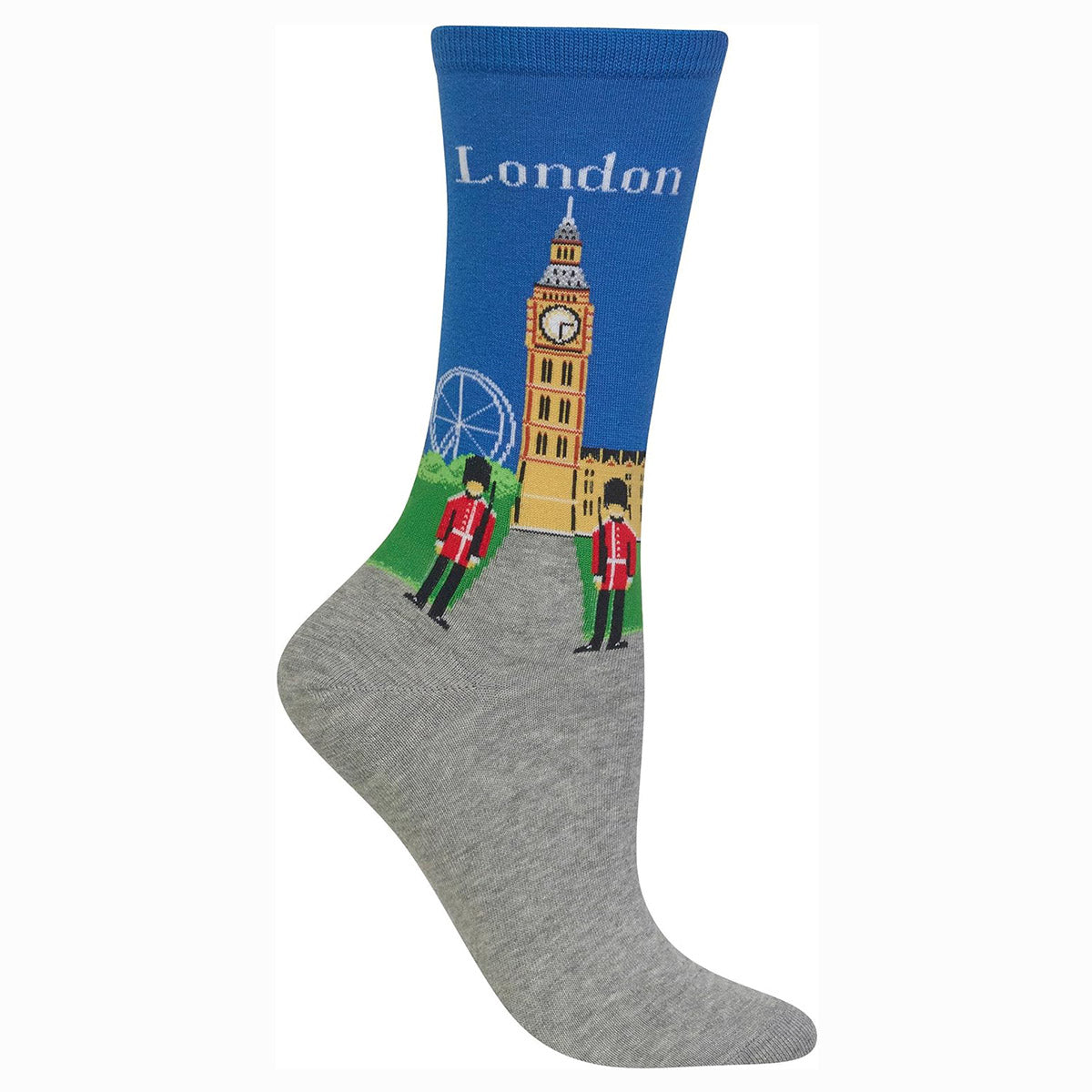 Blue and grey Hot Sox brand sock with "London" written on it, depicting Big Ben, the London Eye, and two royal guards. Style #HO100104.