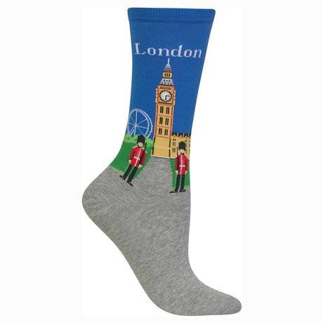 Blue and grey Hot Sox brand sock with "London" written on it, depicting Big Ben, the London Eye, and two royal guards. Style #HO100104.