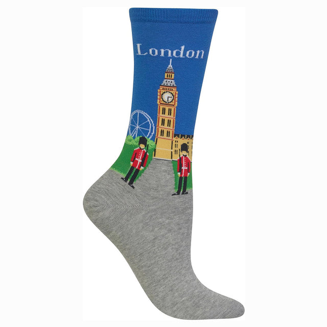 Blue and grey Hot Sox brand sock with "London" written on it, depicting Big Ben, the London Eye, and two royal guards. Style #HO100104.