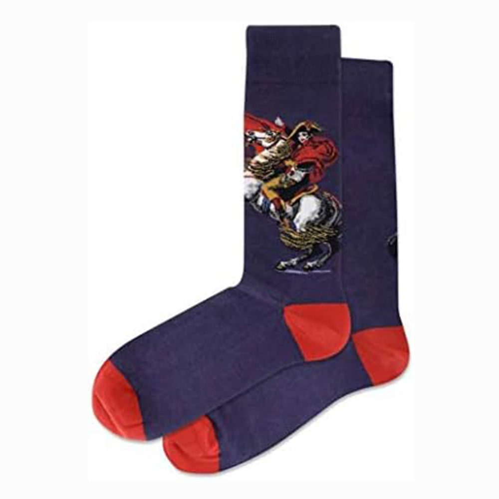 Dark blue Hot Sox brand socks with red accents, featuring a depiction of Napoleon Bonaparte on horseback. Style HSM40018.