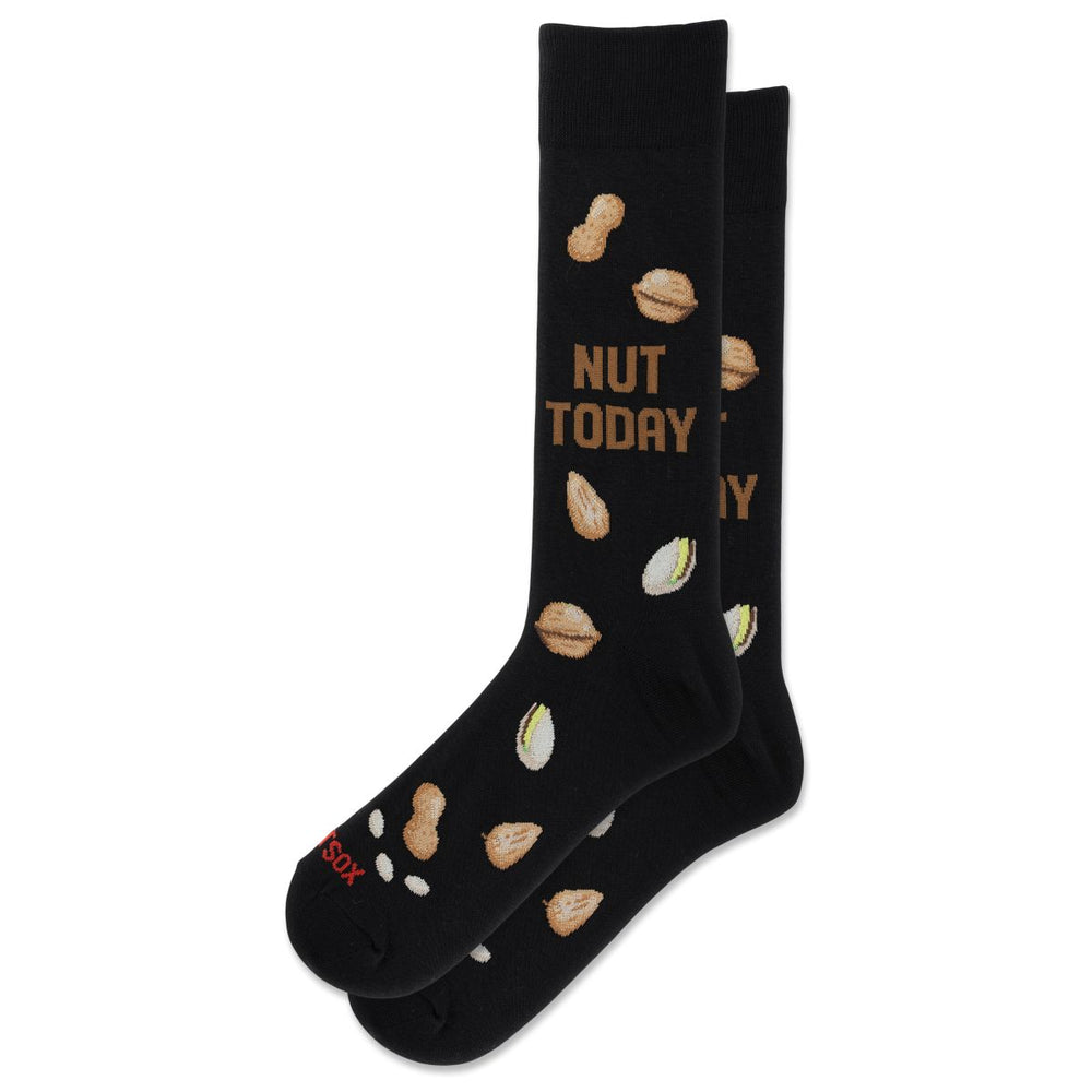 Hotsox black men's crew socks with mixed nut graphics and brown text reading NUT TODAY. Style #HSM10453