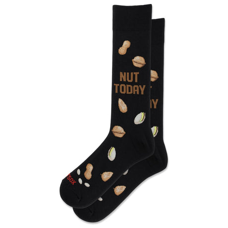 Hotsox black men's crew socks with mixed nut graphics and brown text reading NUT TODAY. Style #HSM10453