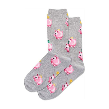 Grey Hot Sox brand socks with a repeating pattern of pink piggy banks and gold coins. HSM10171.