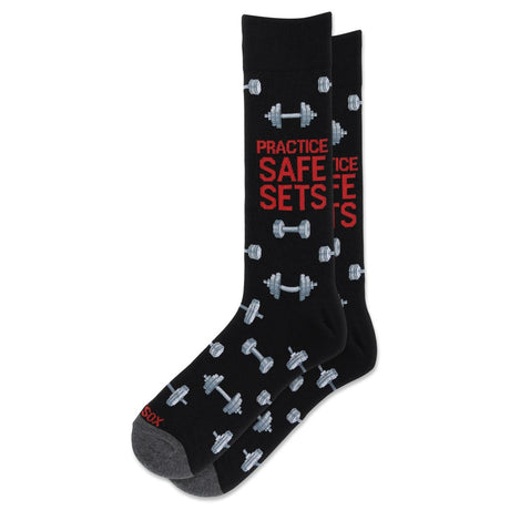 Hotsox black men's crew socks with silver dumbbell graphics and red text reading PRACTICE SAFE SETS. Style #HSM10459